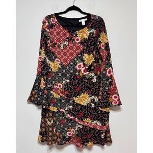 Boho Patchwork‎ Floral Ruffle Dress Size 10 Bell Sleeve Cottagecore Romantic